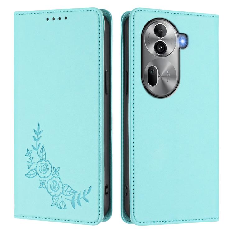 For OPPO Reno11 Pro Global Peony Embossed Magnetic RFID Vegan Leather Phone Case