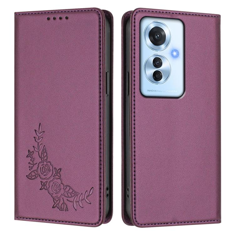 For OPPO Reno11 F / F25 Pro Peony Embossed Magnetic RFID Vegan Leather Phone Case