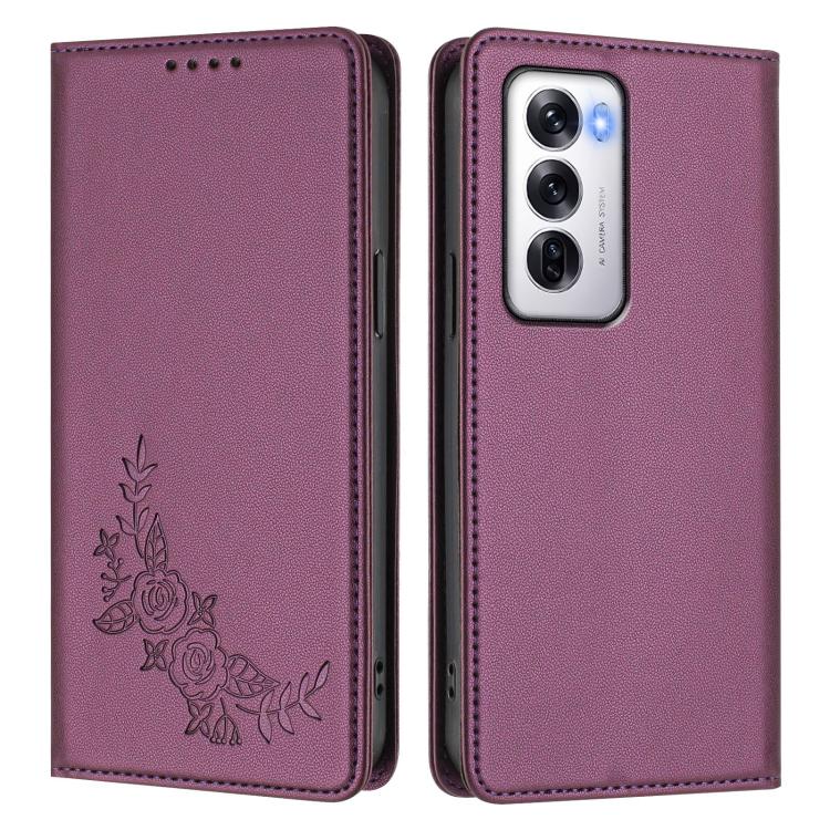 For OPPO Reno12 Global Peony Embossed Magnetic RFID Vegan Leather Phone Case