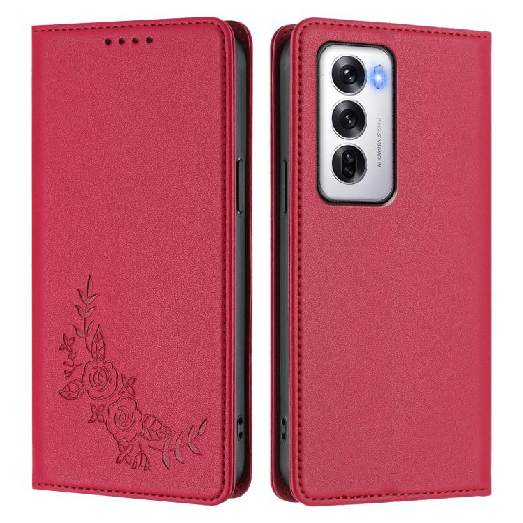 For OPPO Reno12 Global Peony Embossed Magnetic RFID Vegan Leather Phone Case