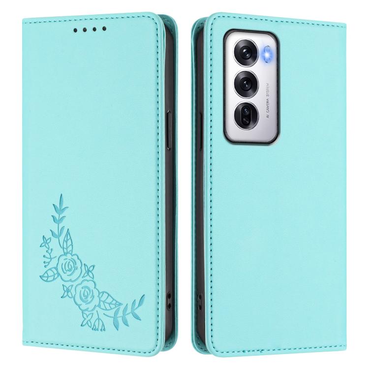 For OPPO Reno12 Global Peony Embossed Magnetic RFID Vegan Leather Phone Case