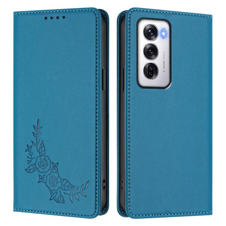 For OPPO Reno12 Global Peony Embossed Magnetic RFID Vegan Leather Phone Case