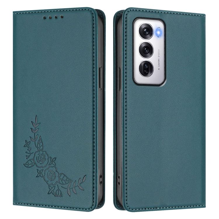 For OPPO Reno12 Global Peony Embossed Magnetic RFID Vegan Leather Phone Case
