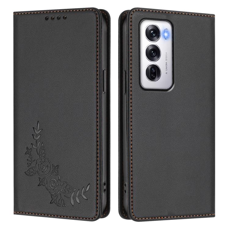 For OPPO Reno12 Global Peony Embossed Magnetic RFID Vegan Leather Phone Case