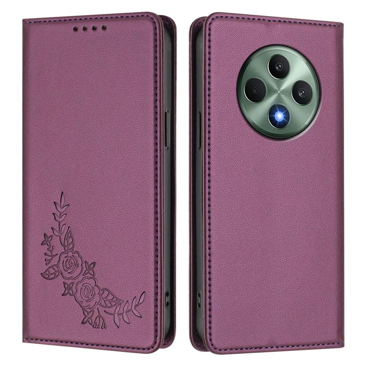 For OPPO Reno12 F 4G / 5G / F27 Peony Embossed Magnetic RFID Vegan Leather Phone Case