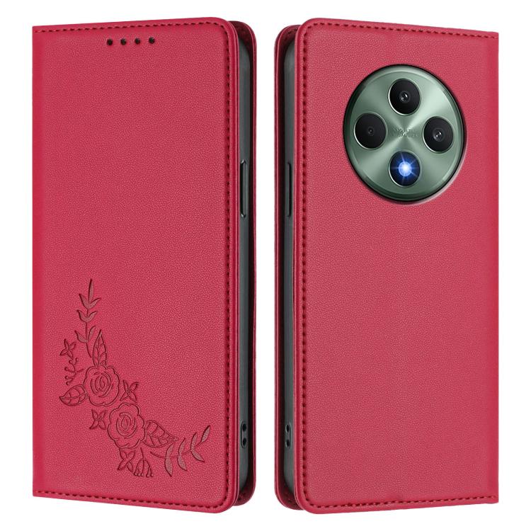 For OPPO Reno12 F 4G / 5G / F27 Peony Embossed Magnetic RFID Vegan Leather Phone Case
