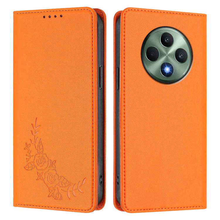 For OPPO Reno12 F 4G / 5G / F27 Peony Embossed Magnetic RFID Vegan Leather Phone Case