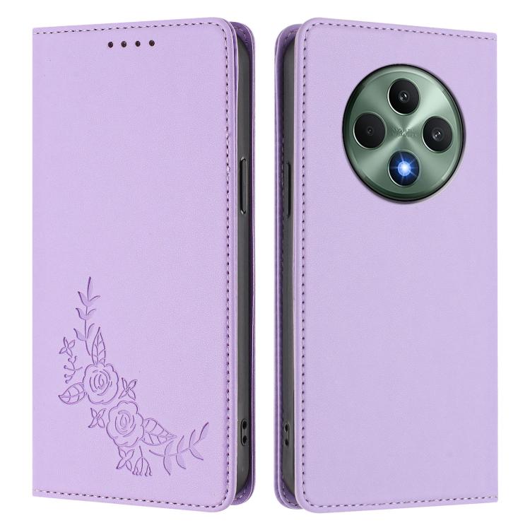 For OPPO Reno12 F 4G / 5G / F27 Peony Embossed Magnetic RFID Vegan Leather Phone Case