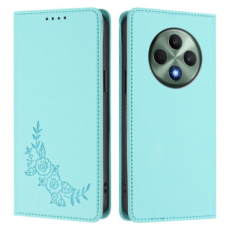For OPPO Reno12 F 4G / 5G / F27 Peony Embossed Magnetic RFID Vegan Leather Phone Case