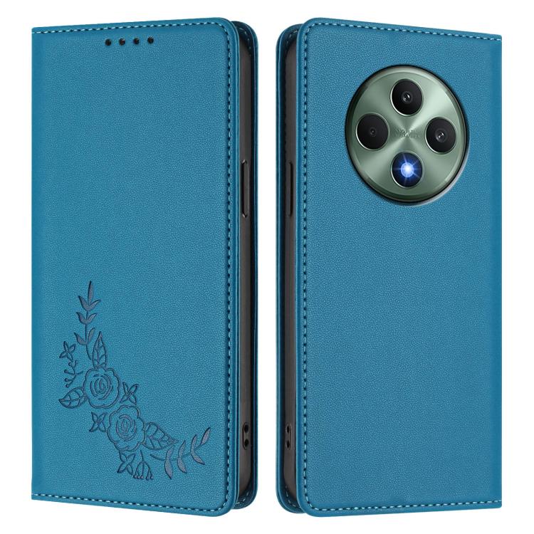 For OPPO Reno12 F 4G / 5G / F27 Peony Embossed Magnetic RFID Vegan Leather Phone Case
