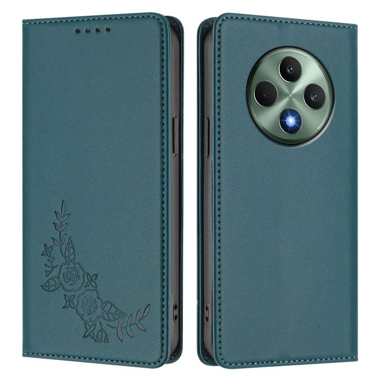 For OPPO Reno12 F 4G / 5G / F27 Peony Embossed Magnetic RFID Vegan Leather Phone Case