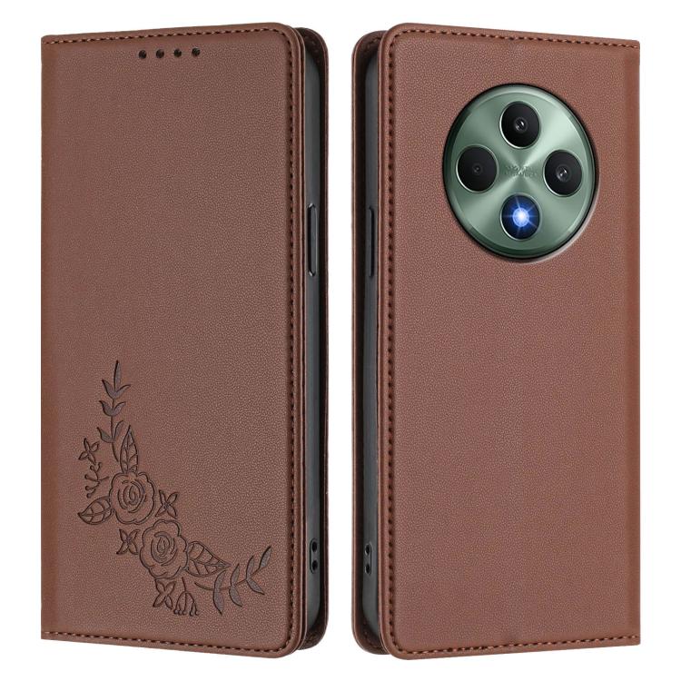 For OPPO Reno12 F 4G / 5G / F27 Peony Embossed Magnetic RFID Vegan Leather Phone Case