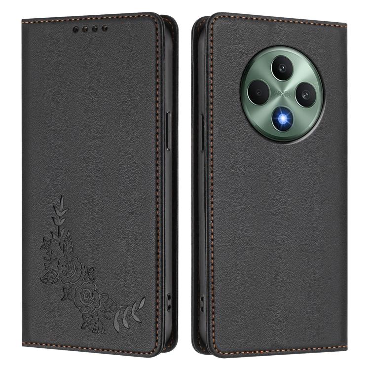 For OPPO Reno12 F 4G / 5G / F27 Peony Embossed Magnetic RFID Vegan Leather Phone Case