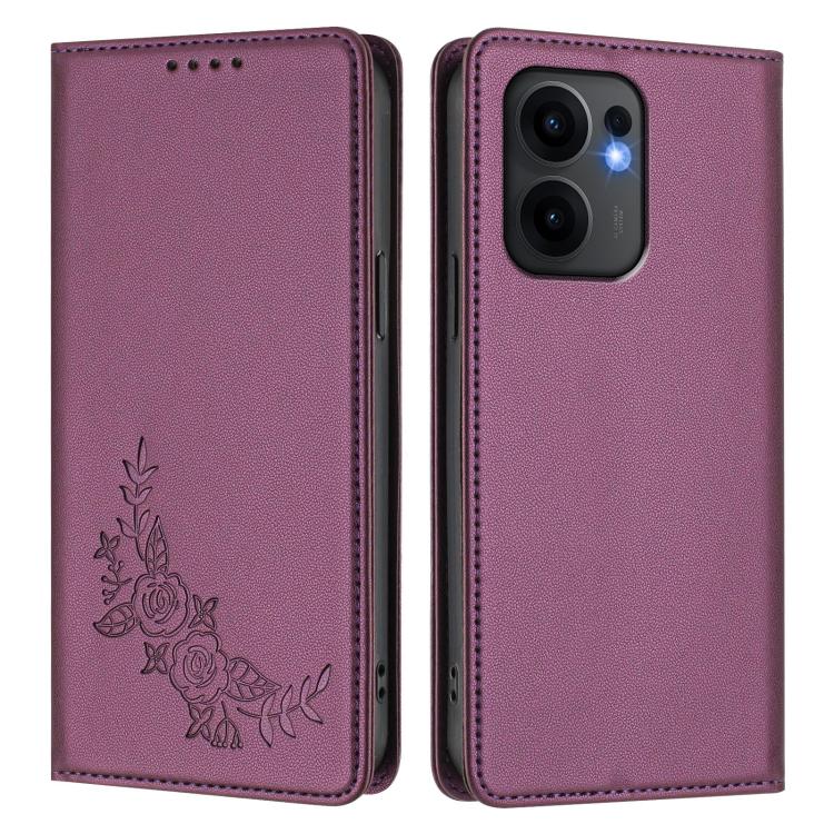 For OPPO Reno13 F 5G / 4G Peony Embossed Magnetic RFID Vegan Leather Phone Case