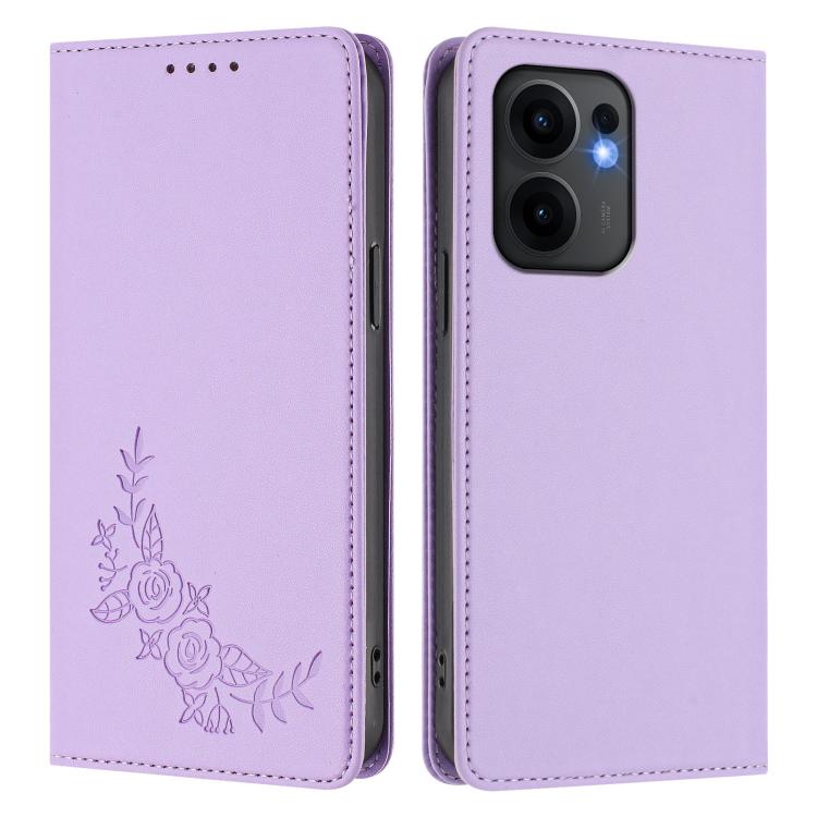 For OPPO Reno13 F 5G / 4G Peony Embossed Magnetic RFID Vegan Leather Phone Case