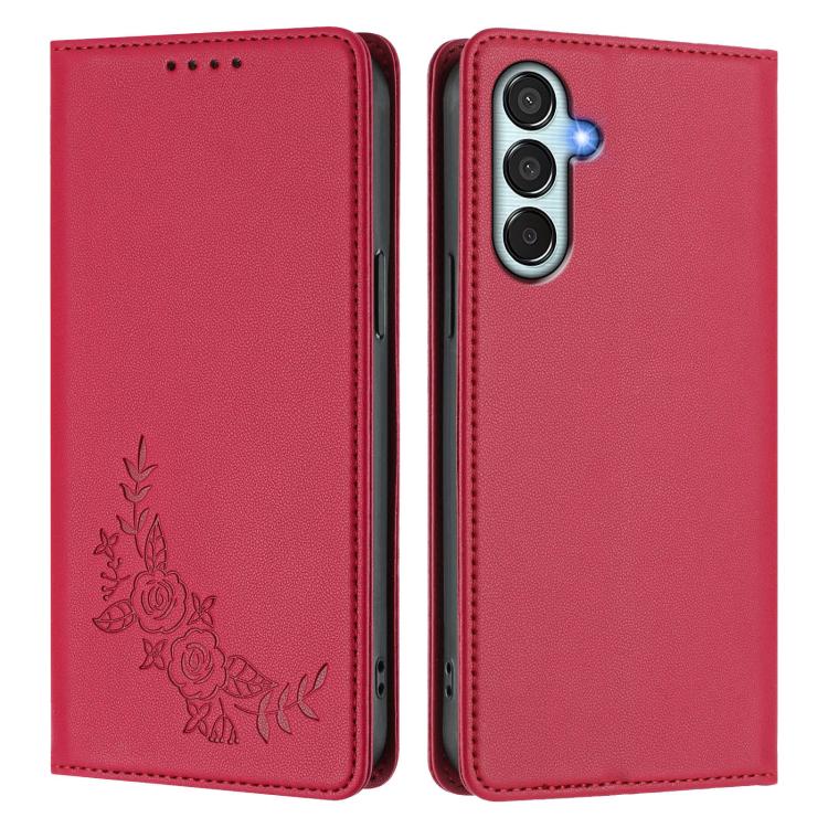 For Samsung Galaxy M35 Peony Embossed Magnetic RFID Vegan Leather Phone Case