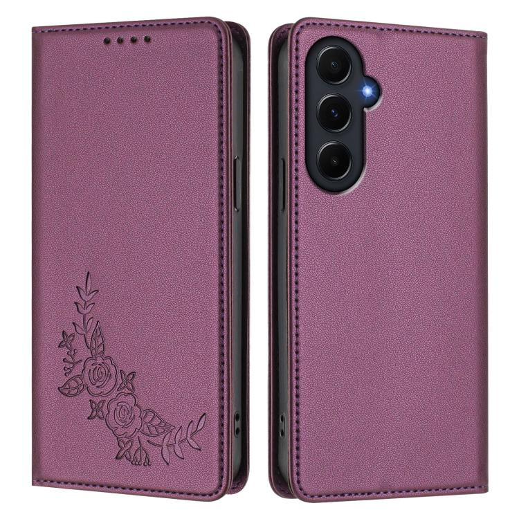 For Galaxy A55 5G Global Peony Embossed Magnetic RFID Vegan Leather Phone Case