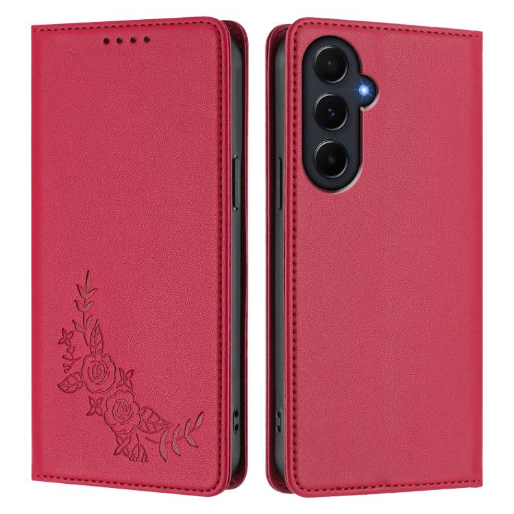 For Galaxy A55 5G Global Peony Embossed Magnetic RFID Vegan Leather Phone Case