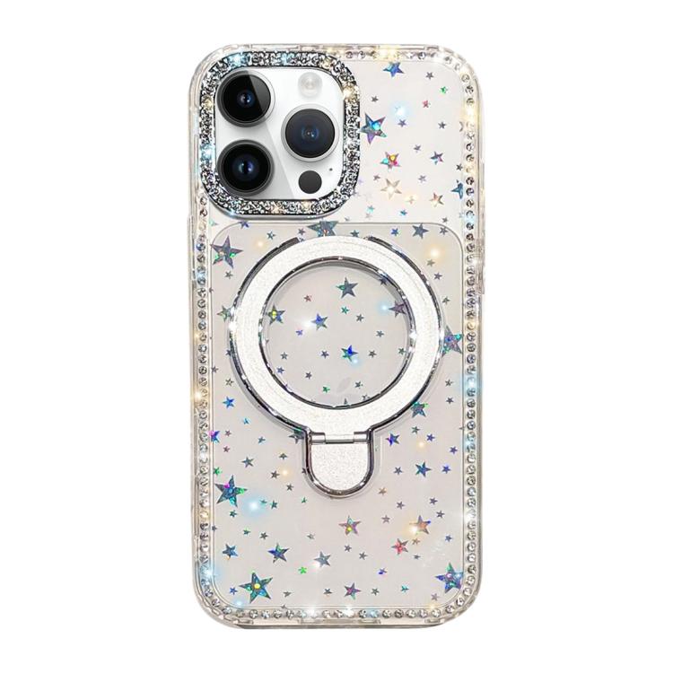 For iPhone 15 Pro Double-Sided IMD Rhinestone Magnetic Holder Shockproof Phone Case