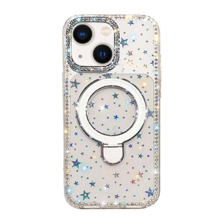 For iPhone 15 Double-Sided IMD Rhinestone Magnetic Holder Shockproof Phone Case