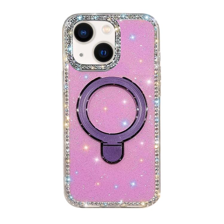 For iPhone 15 Double-Sided IMD Rhinestone Magnetic Holder Shockproof Phone Case