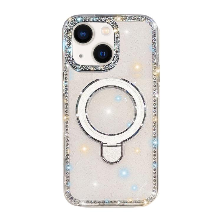 For iPhone 15 Double-Sided IMD Rhinestone Magnetic Holder Shockproof Phone Case