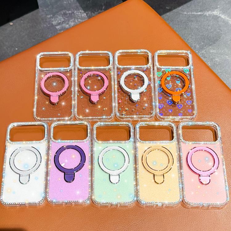 For iPhone 15 Double-Sided IMD Rhinestone Magnetic Holder Shockproof Phone Case