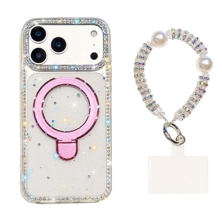 For iPhone 17 Pro Max Double-Sided IMD Rhinestone Magnetic Holder Shockproof Phone Case With Bracelet