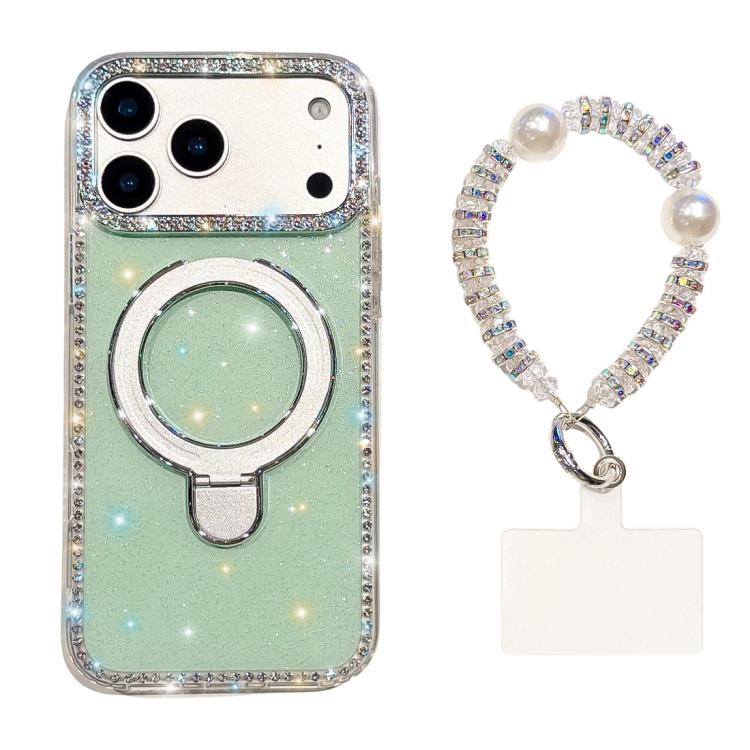 For iPhone 17 Pro Max Double-Sided IMD Rhinestone Magnetic Holder Shockproof Phone Case With Bracelet