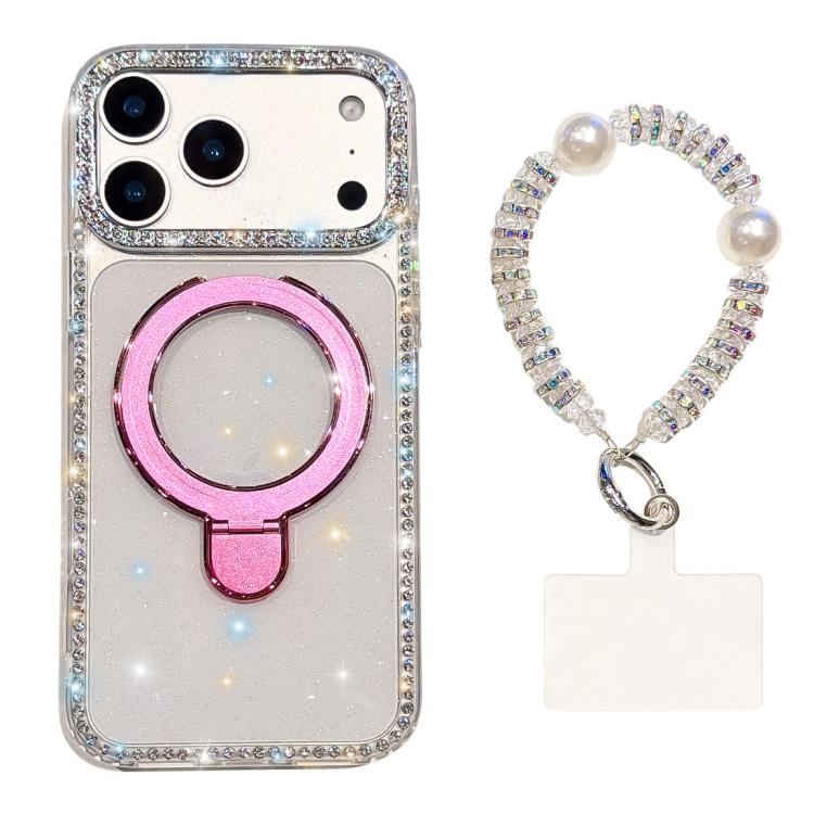 For iPhone 17 Pro Double-Sided IMD Rhinestone Magnetic Holder Shockproof Phone Case With Bracelet