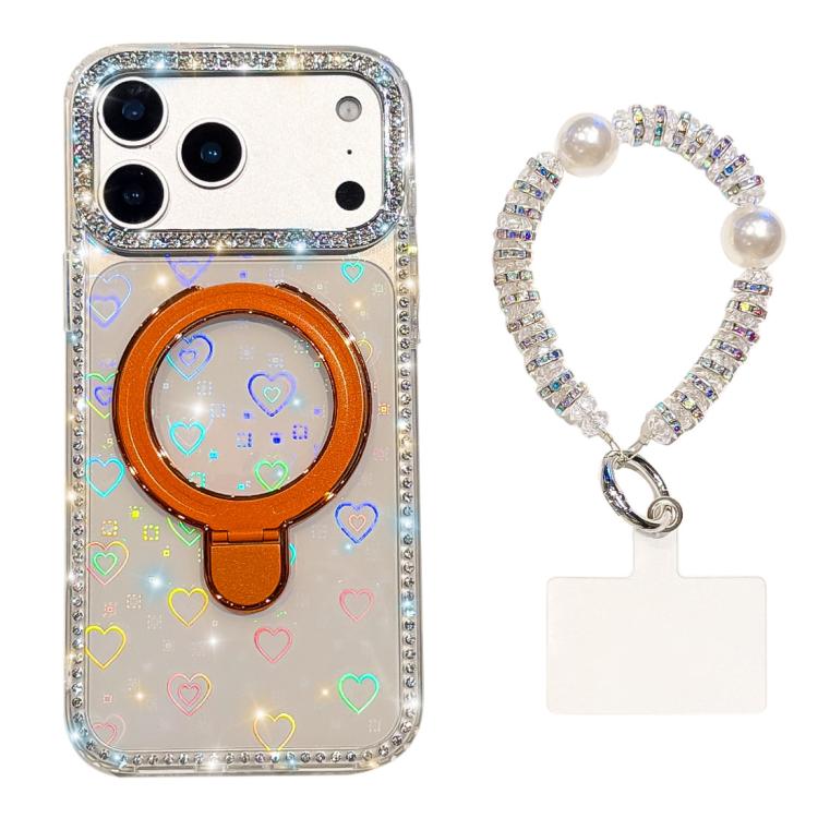 For iPhone 17 Pro Double-Sided IMD Rhinestone Magnetic Holder Shockproof Phone Case With Bracelet