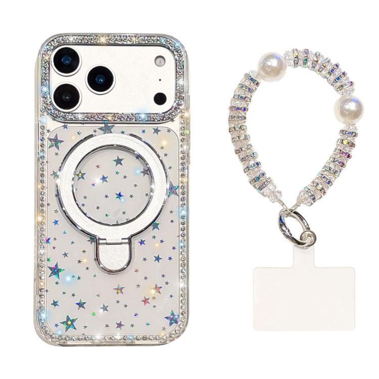 For iPhone 17 Pro Double-Sided IMD Rhinestone Magnetic Holder Shockproof Phone Case With Bracelet
