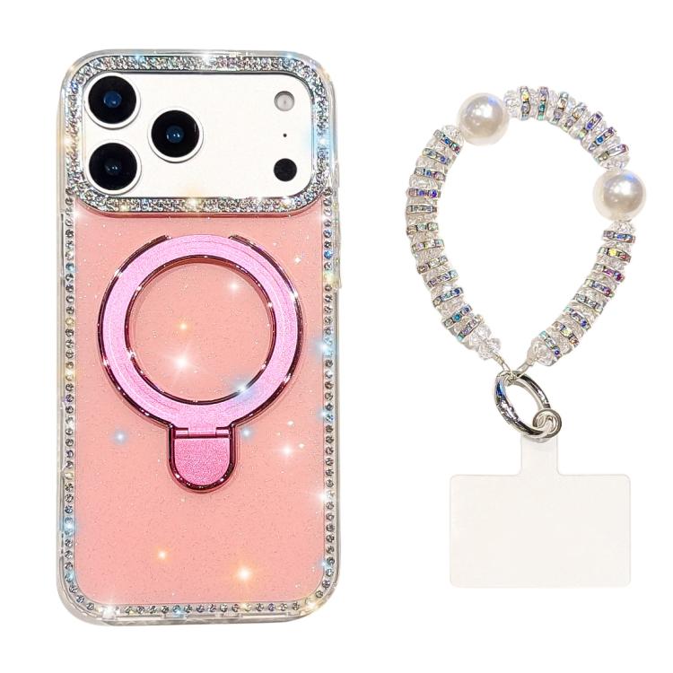 For iPhone 17 Pro Double-Sided IMD Rhinestone Magnetic Holder Shockproof Phone Case With Bracelet