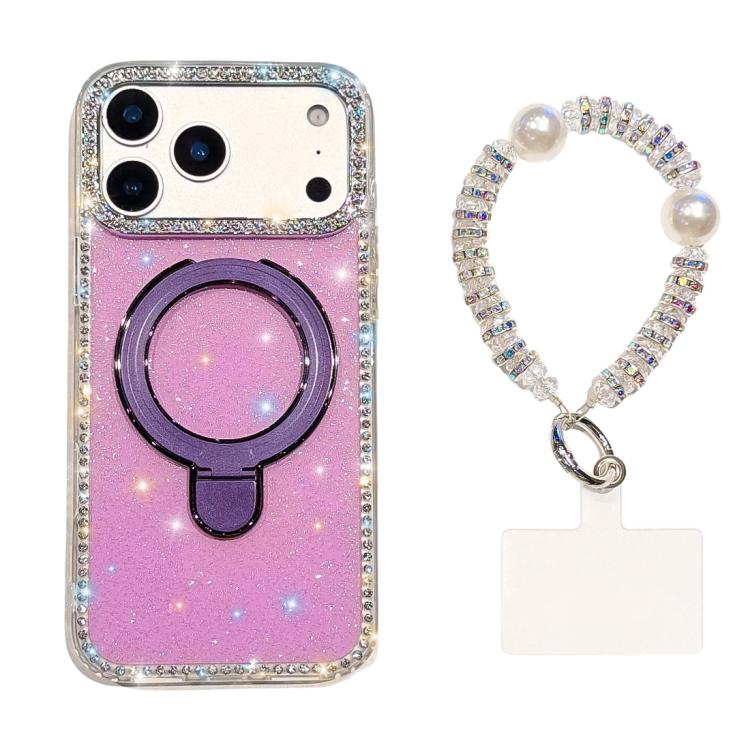 For iPhone 17 Pro Double-Sided IMD Rhinestone Magnetic Holder Shockproof Phone Case With Bracelet