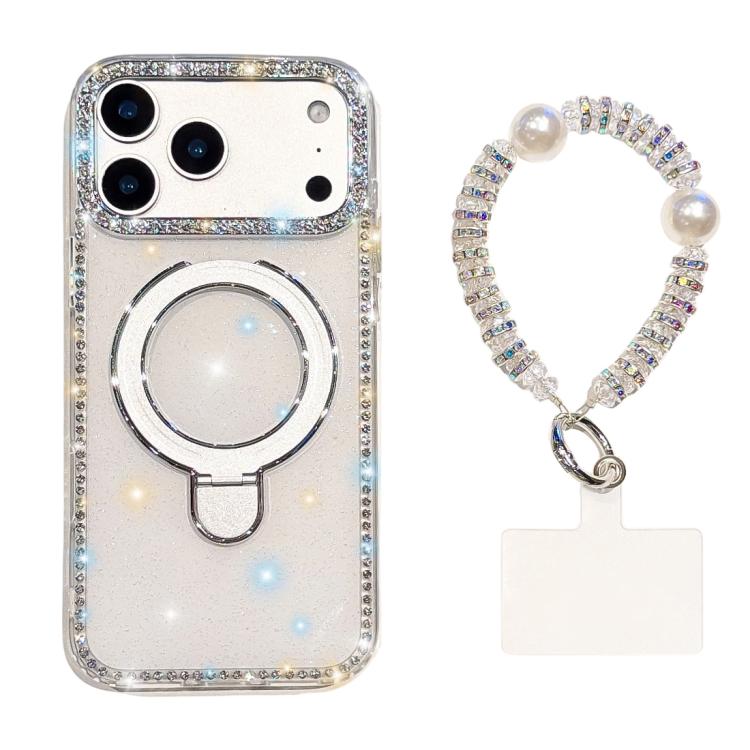 For iPhone 17 Pro Double-Sided IMD Rhinestone Magnetic Holder Shockproof Phone Case With Bracelet