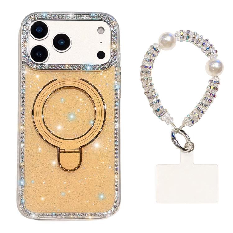 For iPhone 17 Pro Double-Sided IMD Rhinestone Magnetic Holder Shockproof Phone Case With Bracelet