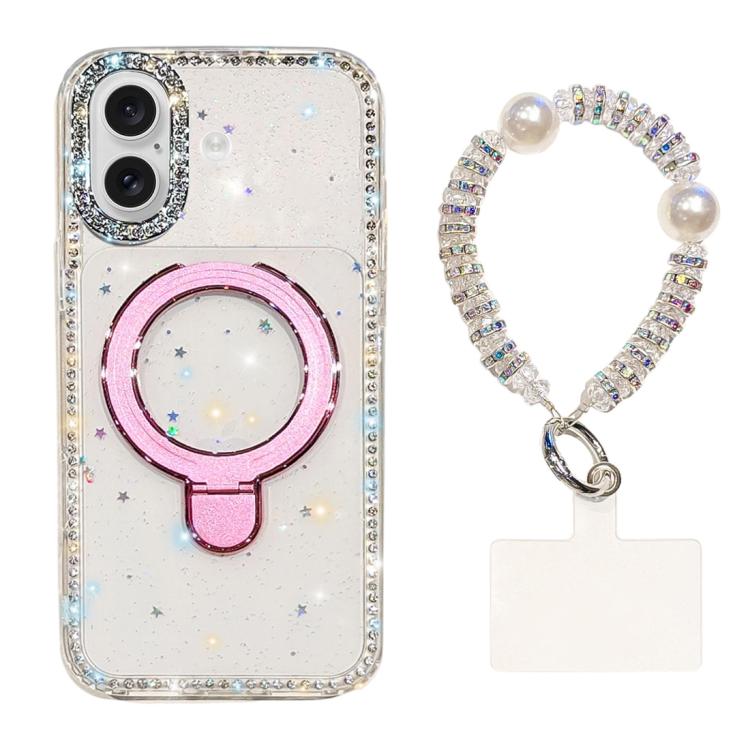 For iPhone 17 Double-Sided IMD Rhinestone Magnetic Holder Shockproof Phone Case With Bracelet