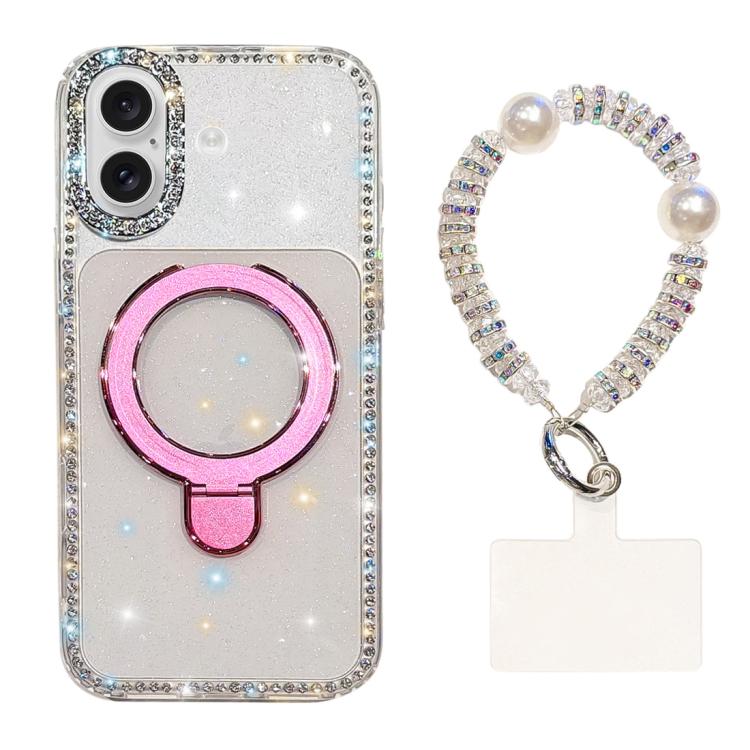 For iPhone 16 Double-Sided IMD Rhinestone Magnetic Holder Shockproof Phone Case With Bracelet