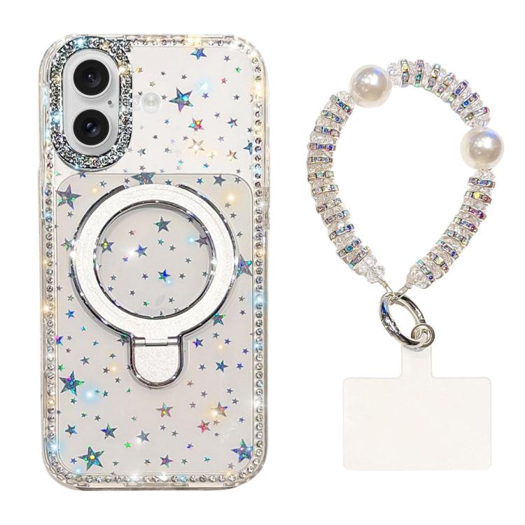 For iPhone 16 Double-Sided IMD Rhinestone Magnetic Holder Shockproof Phone Case With Bracelet