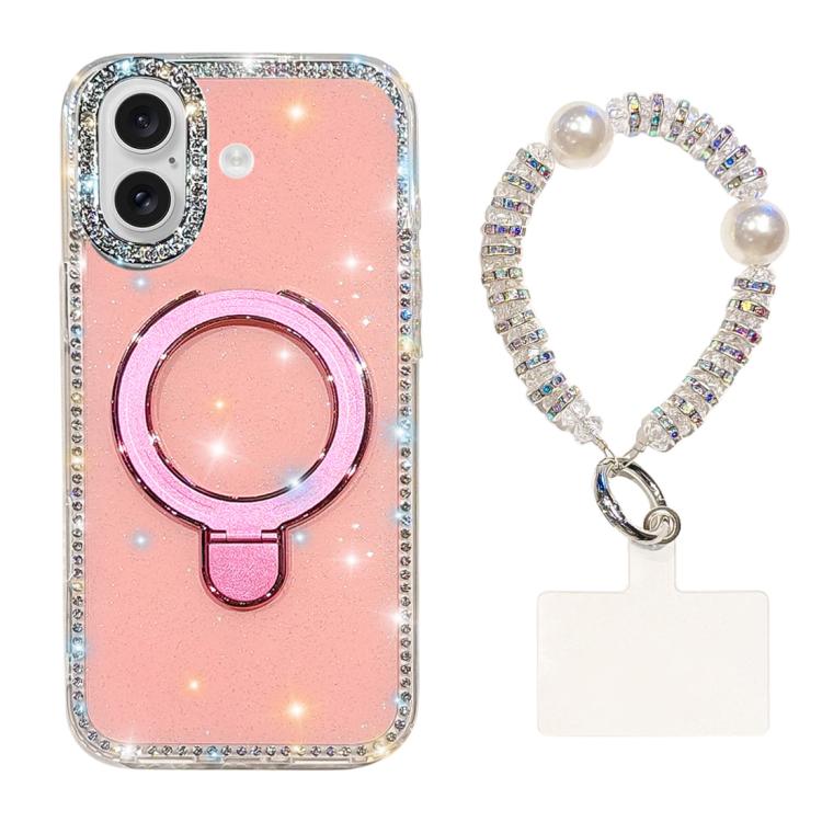 For iPhone 16 Double-Sided IMD Rhinestone Magnetic Holder Shockproof Phone Case With Bracelet
