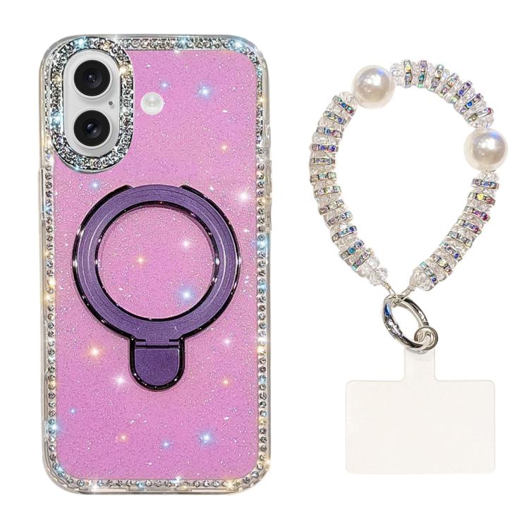 For iPhone 16 Double-Sided IMD Rhinestone Magnetic Holder Shockproof Phone Case With Bracelet