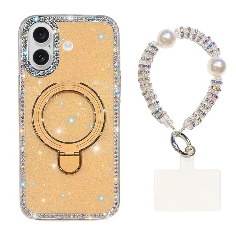 For iPhone 16 Double-Sided IMD Rhinestone Magnetic Holder Shockproof Phone Case With Bracelet