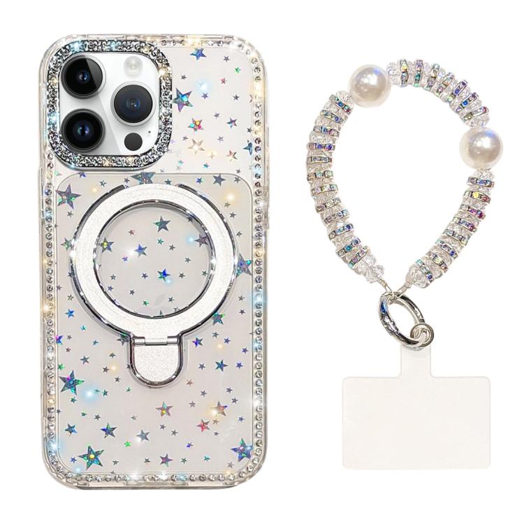 For iPhone 15 Pro Max Double-Sided IMD Rhinestone Magnetic Holder Shockproof Phone Case With Bracelet