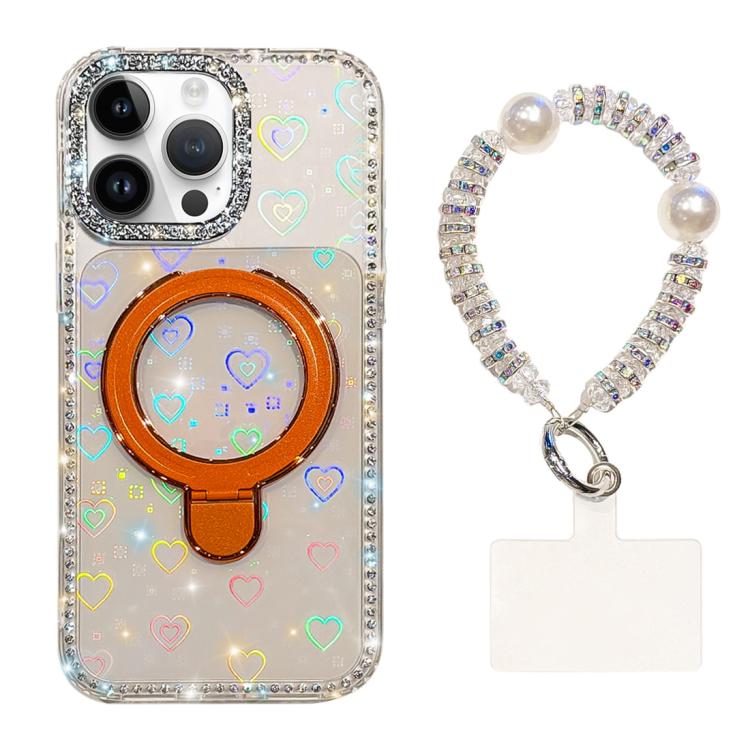 For iPhone 15 Pro Double-Sided IMD Rhinestone Magnetic Holder Shockproof Phone Case With Bracelet