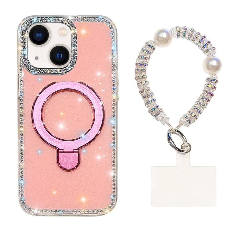 For iPhone 15 Double-Sided IMD Rhinestone Magnetic Holder Shockproof Phone Case With Bracelet