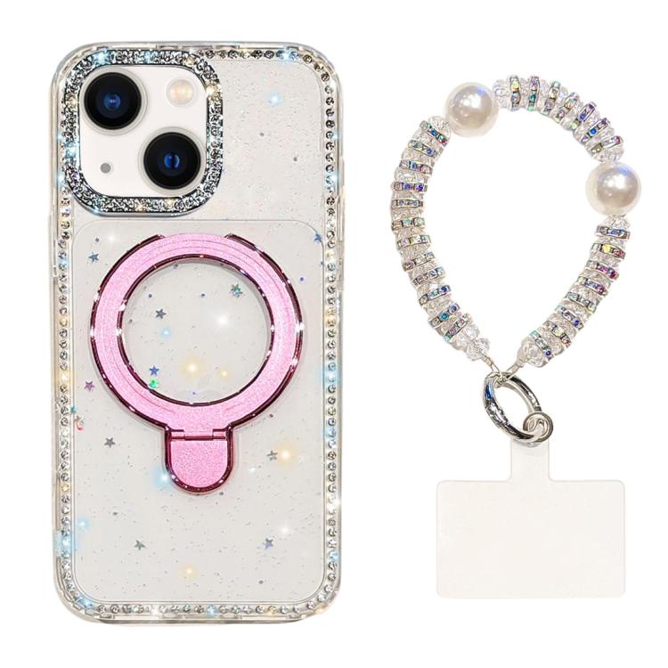 For iPhone 14 Double-Sided IMD Rhinestone Magnetic Holder Shockproof Phone Case With Bracelet