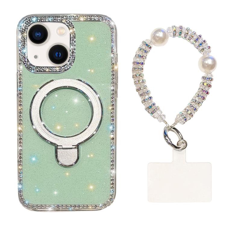 For iPhone 14 Double-Sided IMD Rhinestone Magnetic Holder Shockproof Phone Case With Bracelet