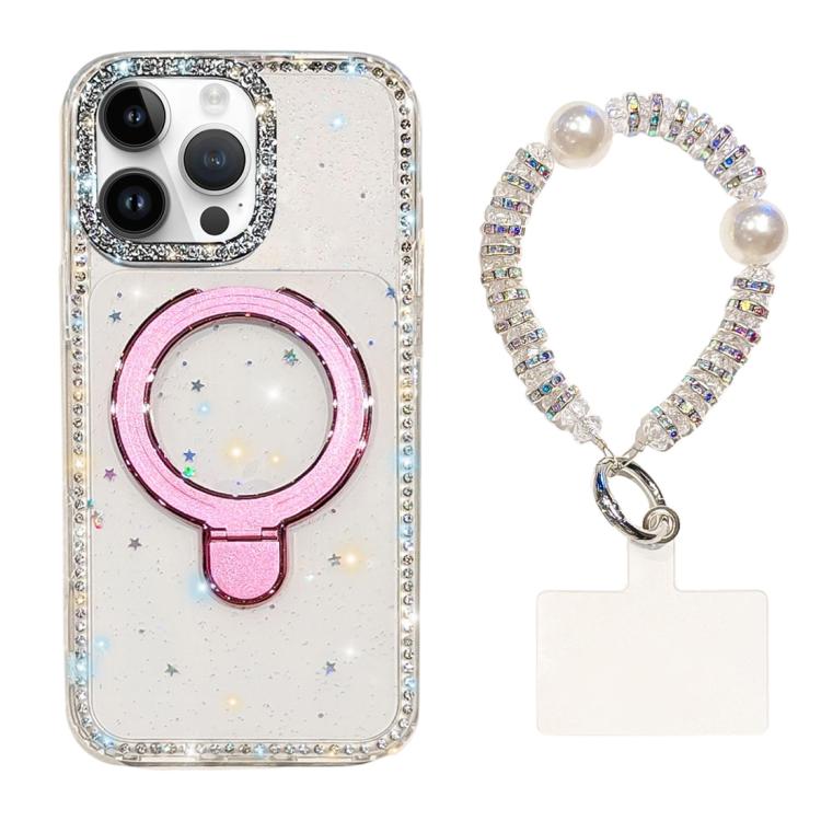 For iPhone 14 Pro Double-Sided IMD Rhinestone Magnetic Holder Shockproof Phone Case With Bracelet
