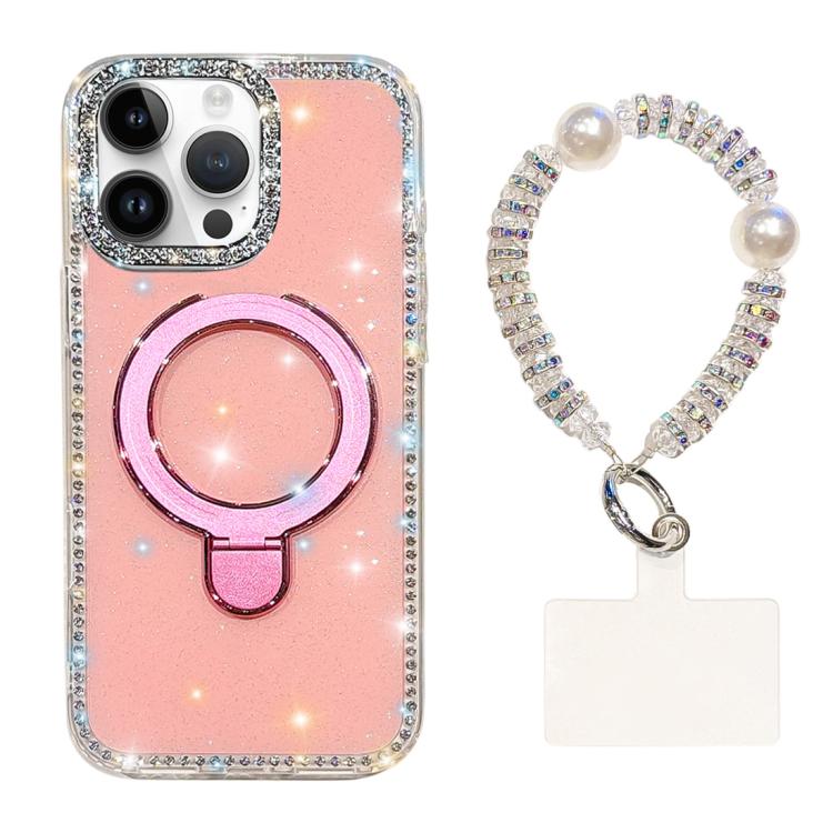 For iPhone 14 Pro Double-Sided IMD Rhinestone Magnetic Holder Shockproof Phone Case With Bracelet
