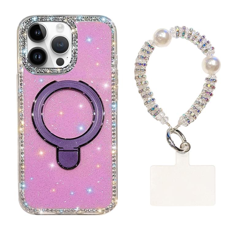 For iPhone 14 Pro Max Double-Sided IMD Rhinestone Magnetic Holder Shockproof Phone Case With Bracelet